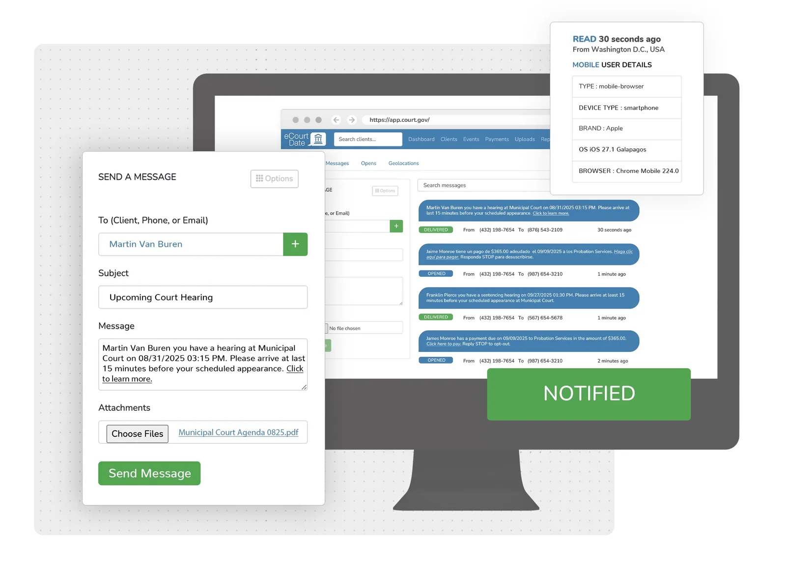 Example of the eCourtDate messaging dashboard