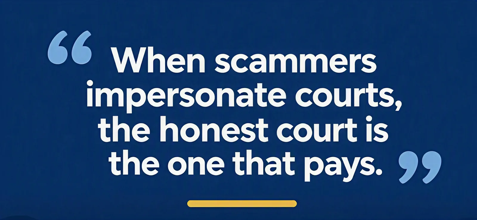 “When scammers impersonate courts, the honest court is the one that pays,” in white text on a dark navy background with blue quotation marks and a gold accent line.