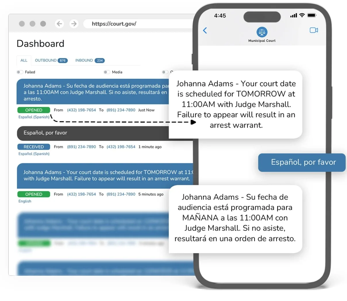 Messaging Dashboard in eCourtDate SaaS application