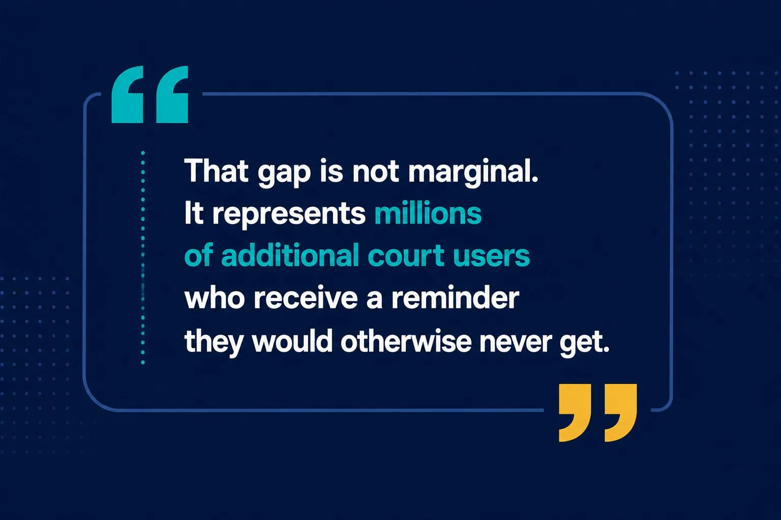 Graphic displaying the quote: “That gap is not marginal. It represents millions of additional court users who receive a reminder they would otherwise never get.”