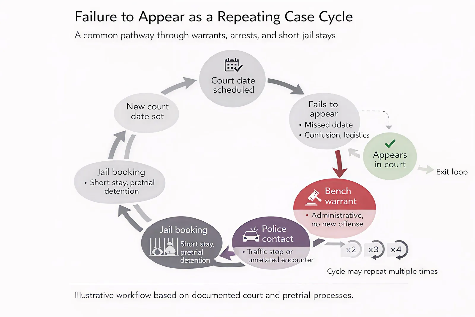 Flowchart diagram showing the failure-to-appear cycle. Starting with 'Court date scheduled,' the path splits: defendants who appear in court exit the loop, while those who fail to appear enter a repeating cycle. A missed court date triggers a bench warrant (administrative, no new offense), leading to police contact during a traffic stop or unrelated encounter, then jail booking with short pretrial detention, followed by a new court date being set, which returns to the start of the cycle. The diagram shows this cycle can repeat multiple times (×2, ×3, ×4), illustrating how individuals accumulate multiple warrants and jail stays from a single initial missed court date.