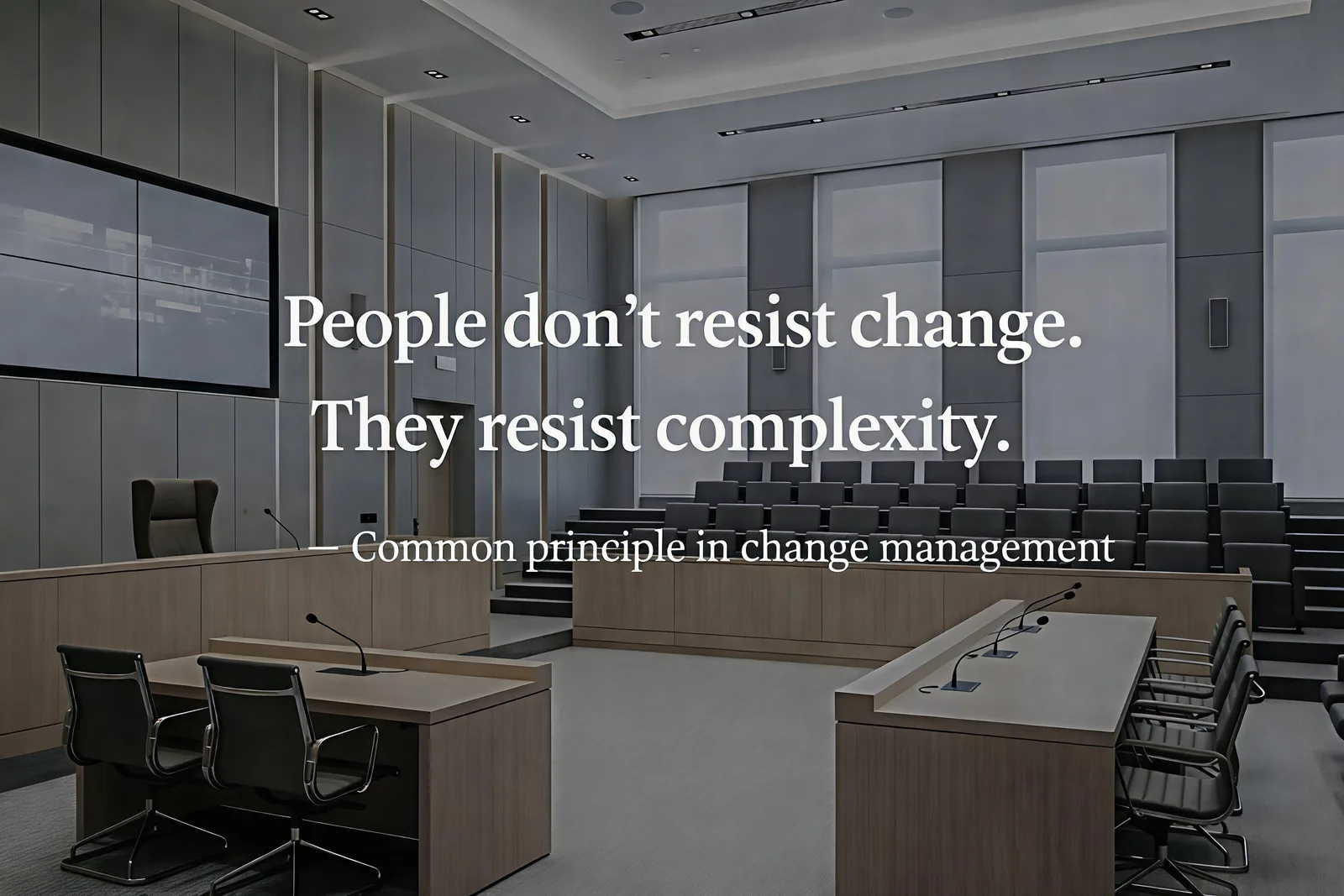 Empty modern courtroom with seating and desks visible, overlaid with the quote, “People don’t resist change. They resist complexity,” attributed to a common principle in change management.