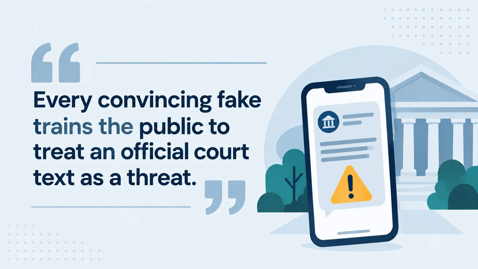 Quote graphic reading “Every convincing fake trains the public to treat an official court text as a threat,” beside a smartphone displaying a court message with a warning symbol and courthouse in the background.